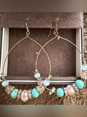 Boho Turquoise & Rose Crystal Hoop Earrings